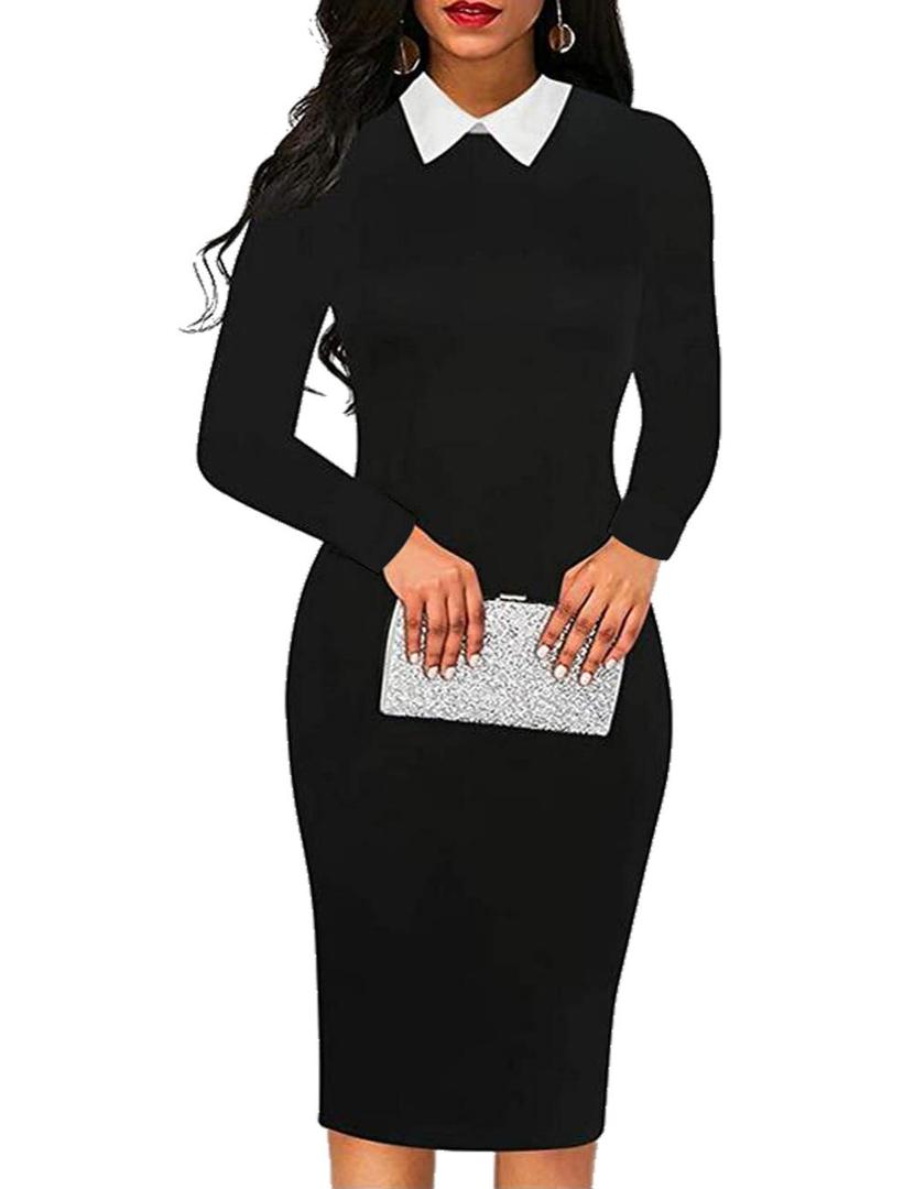 Aphratti Women's Peter Pan Collar Wear to Work Business Office Wear Outfits Classy Fall Midi Sheath Dress with Sleeves XXL