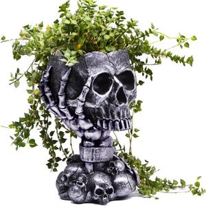 Skull Planter, Gothic Planters for Halloween Decorations Indoor/Outdoor Plants, Goth Flower Pots, Plant Pots, Skull Flower Pot, Plant Pot, Unique Vase with Drainage(Tall Black)