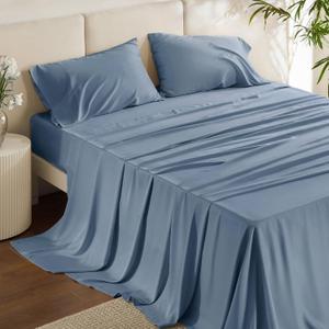 Bedsure Queen Sheet Set, Cooling Sheets for Queen Size Bed Set, Rayon Derived from Bamboo, PureWoven, Breathable & Soft, Deep Pocket, Hotel Luxury Silky Bedding for Hot Sleepers, Dusty Blue