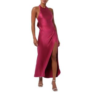 Lulus Margaret Halter Satin Maxi Dress for Women Formal Evening Wedding Guest Party Dress with Open Back and Side Slit Magenta. XS Size