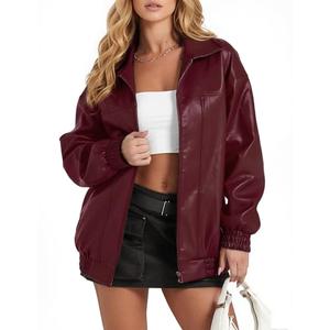 GraceSelect Womens Oversize Leather Jackets Zip Up Faux Motorcycle Bomber Jacket Biker Coats Fall Trendy Fashion Wine Red XL