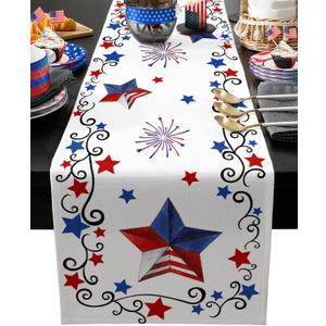 4th of July Table Runner Patriotic Stars Table Runners Independence Day Fireworks Cotton American Flag Linen Dresser Scarf Kitchen Dining Table Decor for Memorial Day Holiday Party 13x36 Inch
