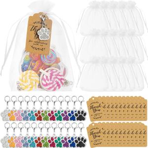 Dog Paw Party Favors Set Include Dog Keychain Organza Bags Thank You Kraft Tags Activity Decorations for Puppy (Multicolor)