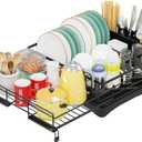 Expandable Dish Drying Rack - Large Drainboard with 4 Slots, Knife & Fork Holders, Cup Organizer, Rotating Swivel Spout, Durable Coated Steel, Black (Large)
