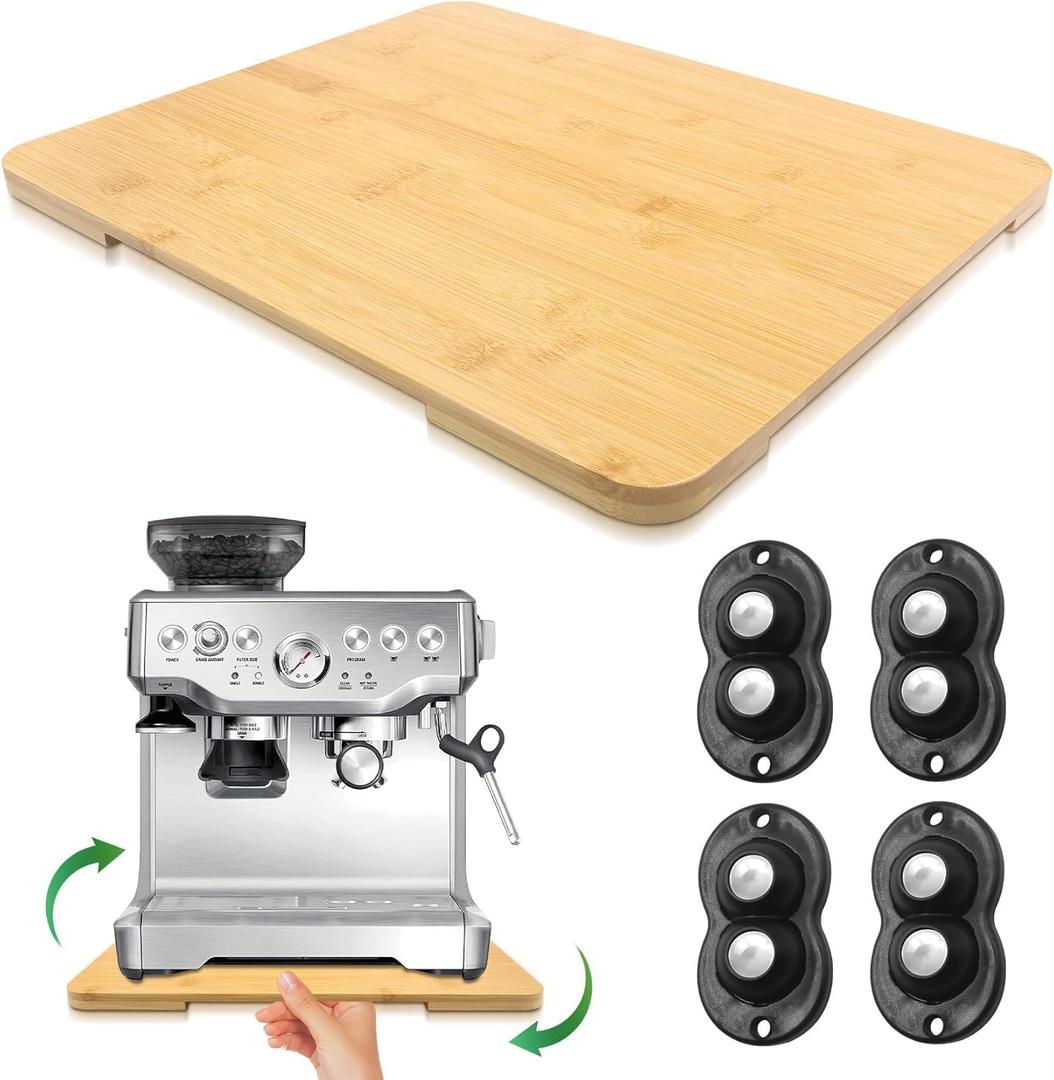 Appliance Slider 360 Rolling Tray for Coffee Maker Bamboo Coffee Pot Slider Tray for Countertop Rotation Sliding Tray with Wheels, Easily from Under The Cabinet Natural(Large 15.7"13")