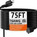 HUANCHAIN 75 FT 16 Gauge Black Indoor Outdoor Extension Cord Waterproof, Flexible Cold Weather 3 Prong Electric Cord Outside, 10A 1250W 125V 16AWG SJTW, ETL Listed