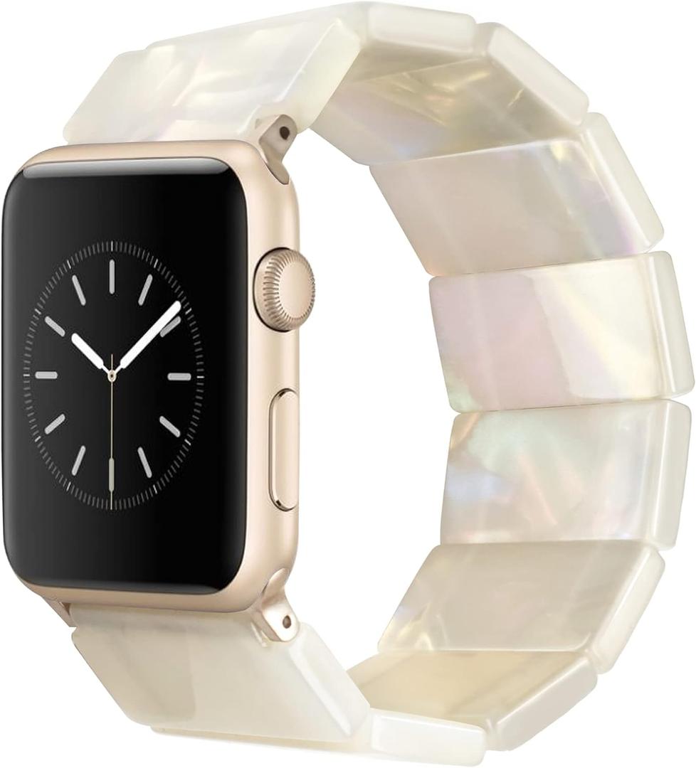 Heesch Stretchy Resin Watch Band Compatible with Apple Watch for Women, Tortoise Watch Strap Bracelet Wristband for iwatch Series Ultra/10/9/8/7/SE/6/5, 38/40/41/42mm, 44/45/46/49mm, Rectangle (Ivory White)