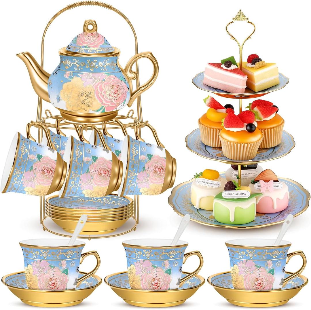 21 Pcs Ceramic Teapot Set Vintage Porcelain Tea Cups with Metal Holder and High Tier Cupcake Stand Saucers for Women Girls Farmhouse European Weddings Party Decor Gifts (Blue,Vivid)