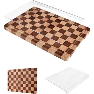 Cutting Board Set of 2  Checkered Wood & Acrylic Cutting Board with Counter Lip for Kitchen Counter, Wood Checkerboard Chopping Board with Juice Grooves for Vegetables, Fruits, Meat