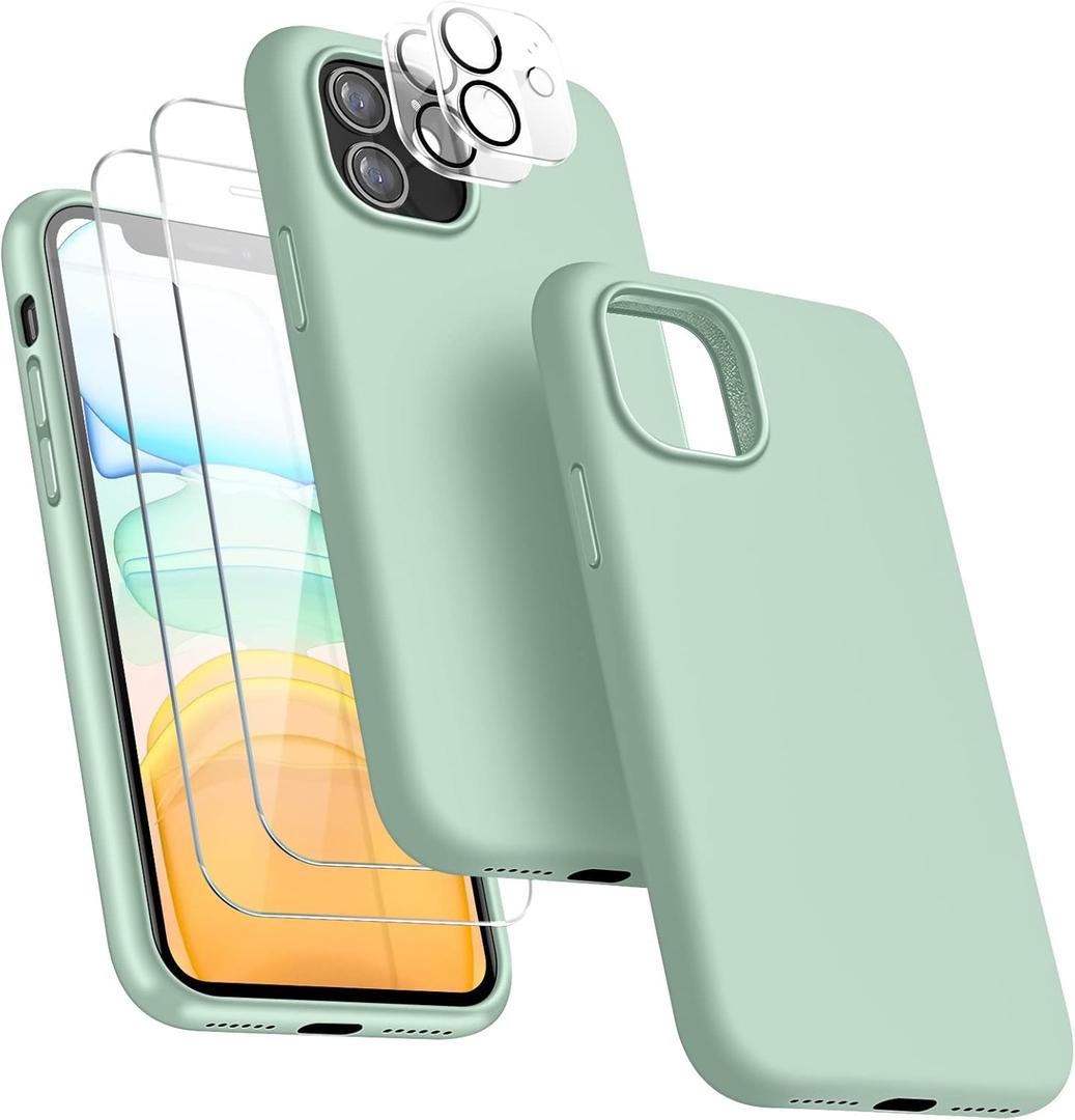 [5 in 1 for iPhone 11 Case 6.1 inch, with 2 Pack Screen Protector + 2 Pack Camera Lens Protector, Liquid Silicone Slim Shockproof Protective Phone Case [Microfiber Lining] (Mint Green)