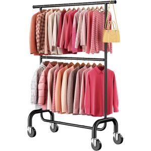 Heavy Duty Clothes Rack Load 600 LBS, Rolling Clothing Rack for Hanging Clothes with Lockable Wheels, Double Rod Garment Rack for Bedroom, Laundry, Clothing Store, Black