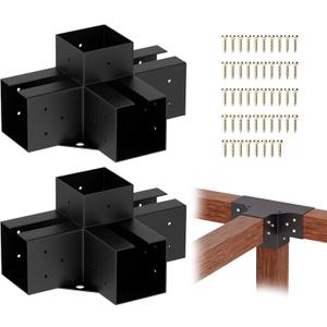 4-Way Pergola Brackets Kit (2-Pack), Heavy Duty 4x4 Corner Brackets for Outdoor Wood Posts, Easy Install for DIY Gazebo Patio Log Cabin & Outdoor Structures