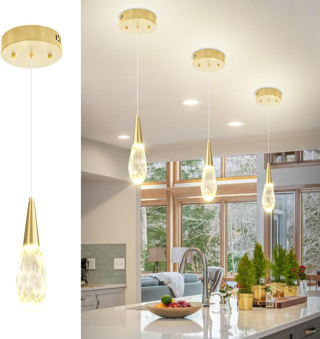 Pendant Light Kitchen Islan Gold Mini Crystal Chandelier Modern Hanging Light Fixture for Dining Room, Living Room,Bedroom, Foyer（3-Pack）