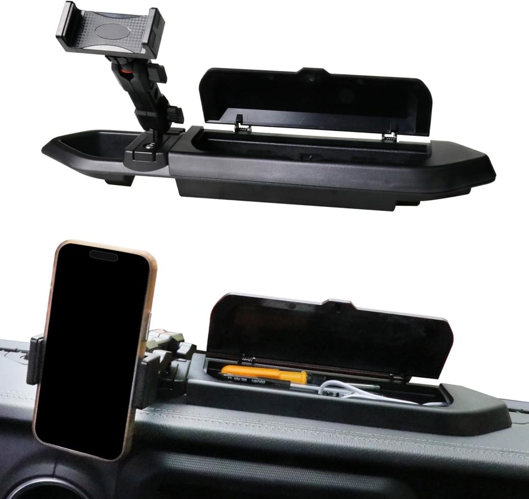 Dash Phone Mount Holder Compatible with 2018-2023 Jeep Wrangler JL 2/4 Door Gladiator JT Accessories Center Console Storage Box Dashboard Tray with Cover, Not for 4XE, 1 Pack Black