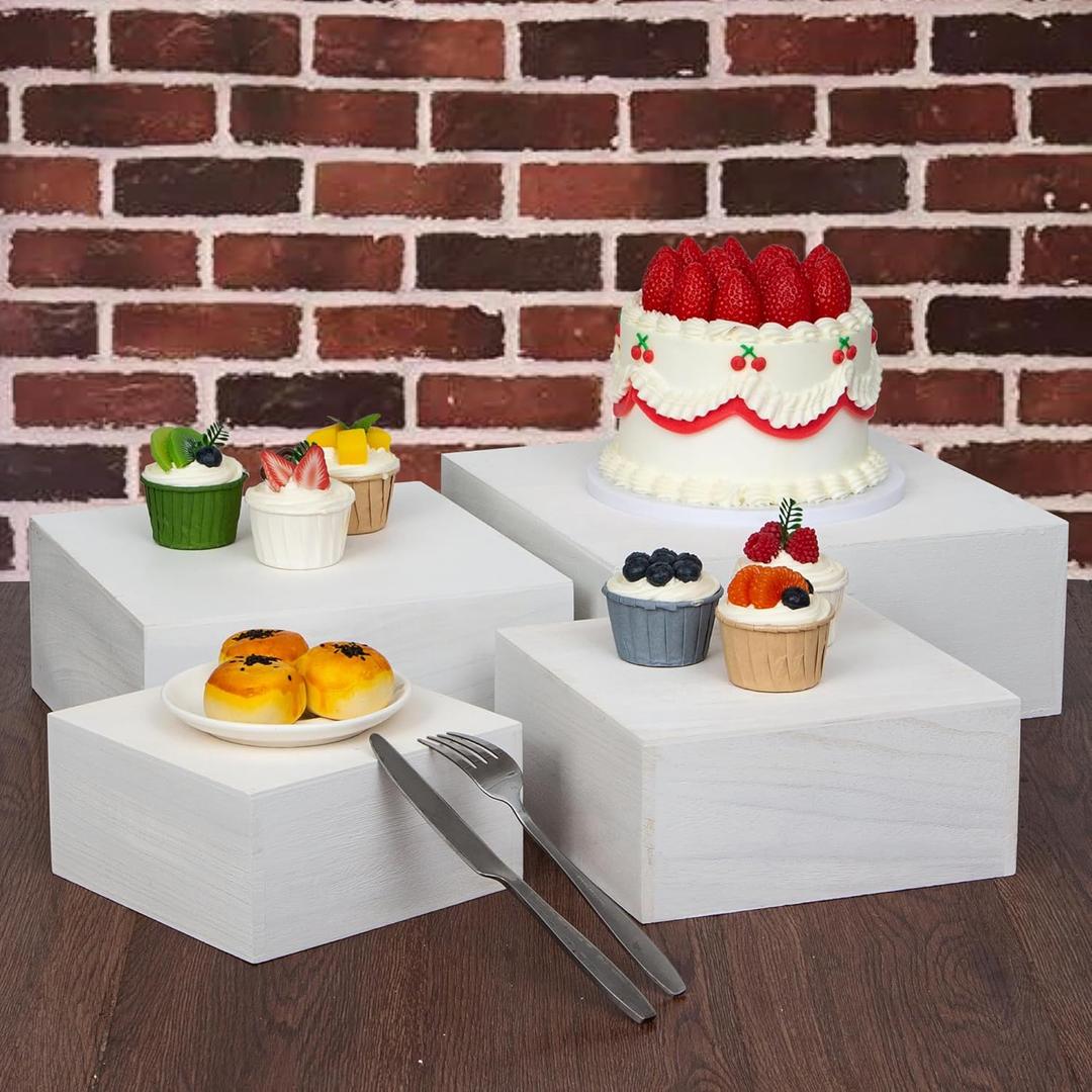 4 Pieces Wooden Cake Stands,Natural Wite Cupcake Stands for Display,12 inches Square Wooden crates,Wood Display risers for Wedding,Birthday Party,Christmas,etc. (Natural White)
