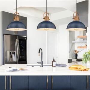 Emliviar 3 Pack Dome Chandeliers, Vintage Blue Pendant Lights with Wood Grain Part, GE269MIL-3 BL+WD (Medium)