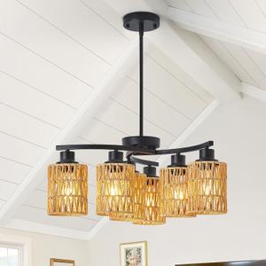 6-Light Black Chandelier, 6-Light Farmhouse Boho Rattan Chandelier Dining Room Light Fixtures Over Table, Hand-Woven Wicker Shade, Adjustable Height for Dining Room Kitchen Island, E26 Base