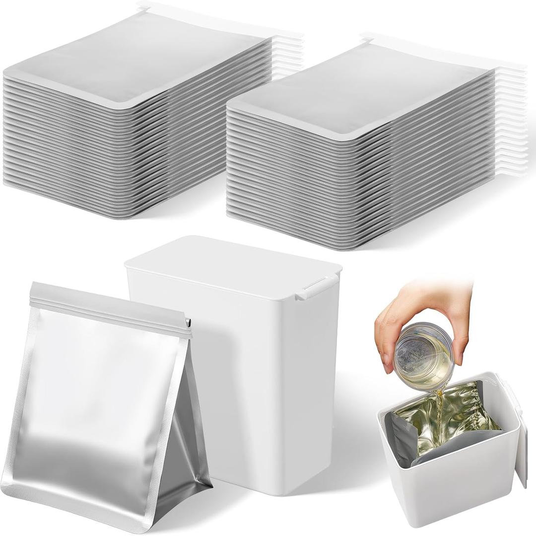 Hushee Set of 76 Grease Container for Kitchen with 75 Pcs Foil Liners Disposable Grease Bags, 1 Pcs White Storage Bin, Cooking Oil Container Help Stop Kitchen Drains from Getting Clogged
