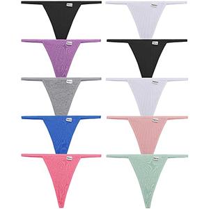 FINETOO 10 Pack G-String Thongs for Women Cotton Panties Stretch T-back Tangas Low Rise Hipster Underwear Sexy M