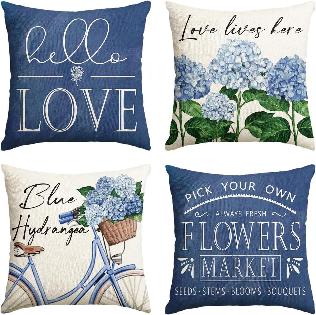 AVOIN colorlife Hello Love Blue Hydrangea Bicycle Throw Pillow Covers, 18 x 18 Inch Flowers Summer Spring Mother's Day Cushion Case for Sofa Couch Set of 4