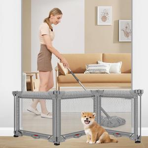 3-Panel Free Standing Dog Gate with 4 Suction Cups, 60 x24 Inch Tall Step Over Pet Gate for Dogs, Short Dog Gates for Doorways Collapsible Dog Fence Indoor Puppy Barrier Mesh Gates for Stairs, Gray