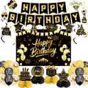 Black Gold Birthday Decorations for Men Women, Pre-Strung Happy Birthday Banner with Backdrop, Balloons,Honeycomb Centerpieces & Streamers Kit