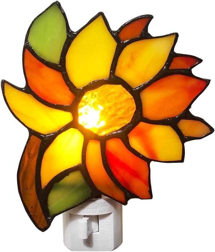 HUIMEIJU Colored Glass Sunflower Night Light, Tiffany Glass, Children's Room, Wall Mounted, Orange