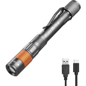 EverBrite Rechargeable Pen Light, 300 Lumens EDC Flashlight, Zoomable LED Pocket Flashlight with Clip, Memory Function and USB C Cable Included, for Camping, Emergency, Grey (Gray)