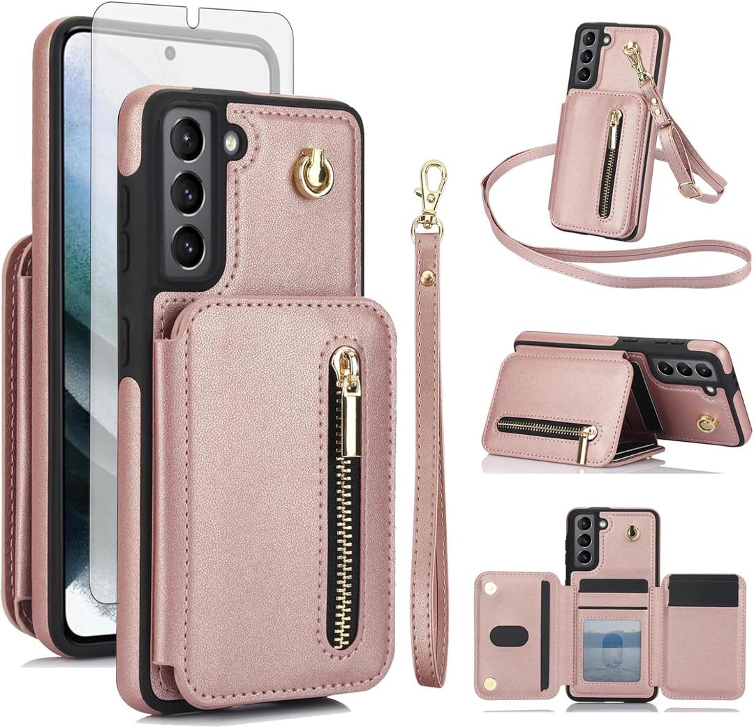 Asuwish Phone Case for Samsung Galaxy S21 5G 6.2 inch RFID Wallet Cell Cover with Tempered Glass Screen Protector Crossbody Strap Credit Card Holder Slot Stand S 21 21S G5 Women Men Rose Gold