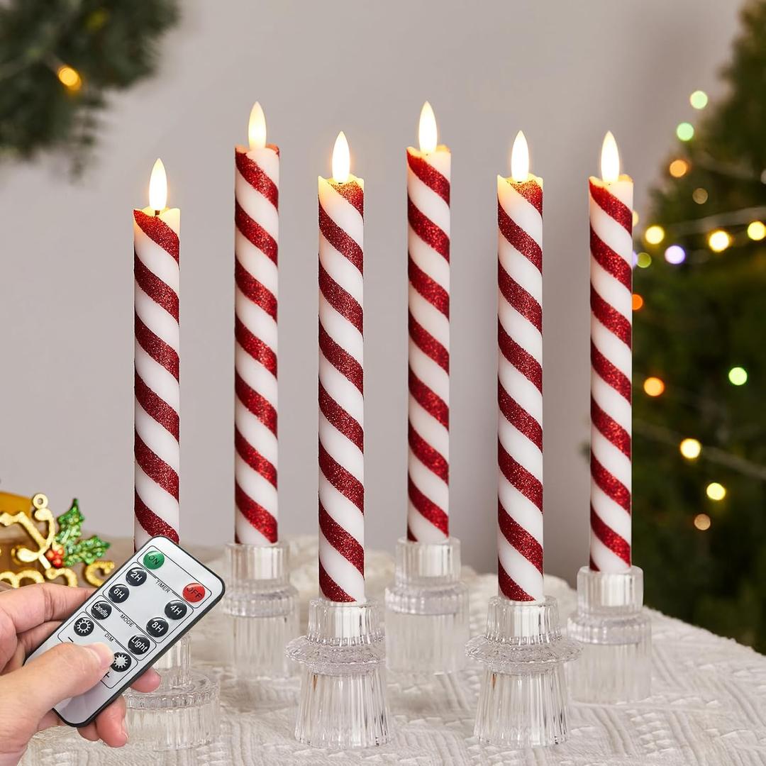 6 Pcs Christmas Flameless Taper Candles with Remote and Timer, 10 Inch Glitter Candy Cane Candles Battery Operated Christmas Candlesticks with LED Flickering Flame for Xmas Candy Cane Decor