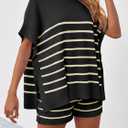 Fisoew Women's Striped 2 Piece Outfits Oversized Batwing Short Sleeve Tops High Waisted Shorts Summer Knit Lounge Short Sets (Black, XXL)