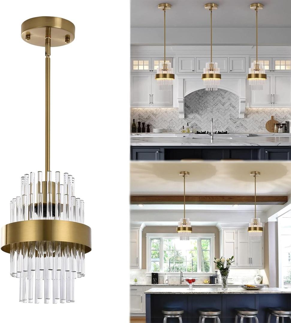 Pendant Light Fixtures, 7inch Modern Glass Pendant Lighting, Brass Color Kitchen Island Pendant Lights, Height Adjustable Pendant Lighting (Brass Color, 1 Pack)