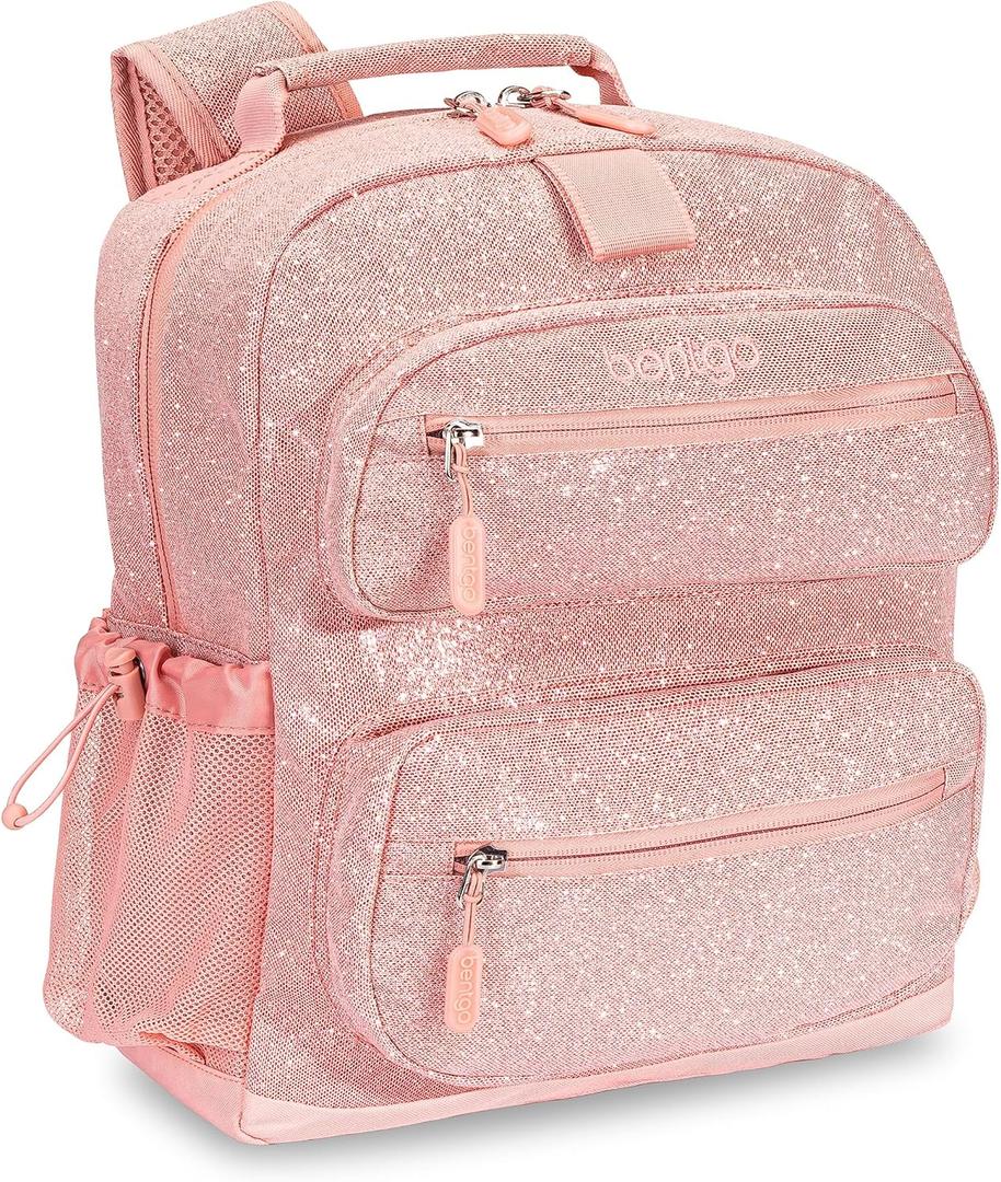Bentgo Kids Glitter Backpack - Lightweight 14 Backpack for School, Travel & Daycare, Ideal for Ages 4+, Durable & Water-Resistant, Roomy Interior, & Loop for Lunch Bag (Glitter Edition - Petal Pink)