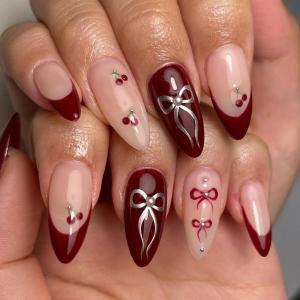 4 x Red Press On Almond French Tip False Nails with Bow Cherry Design Glue On Acrylic Full Cover Stick On Artificial Nails for Women Winter Manicure 24Pcs (Standard, Style-31)