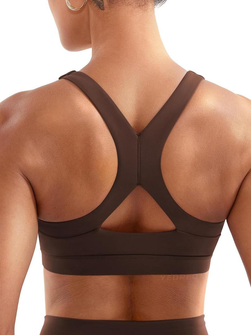 YEOREO Sports Bras for Women Medium Support Racerback Padded Running Bra Tracii Square Neck Wireless Workout Gym Crop Top (Brown, M)