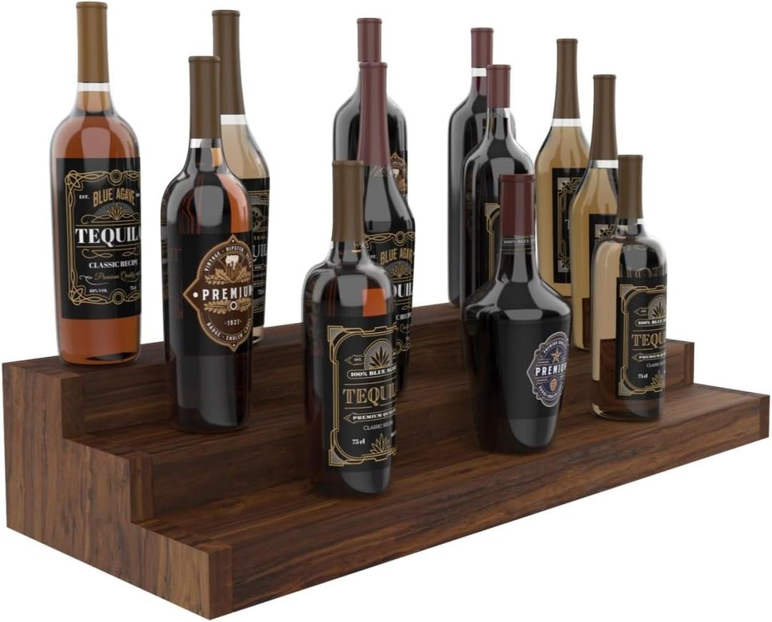 TONGMO 30Inch Liquor Bottle Stand - 3 Tier Liquor Bar Bottle Display Shelf, Holds 21 Bottles, Solid Wood, No Installation Required (Dark Walnut)
