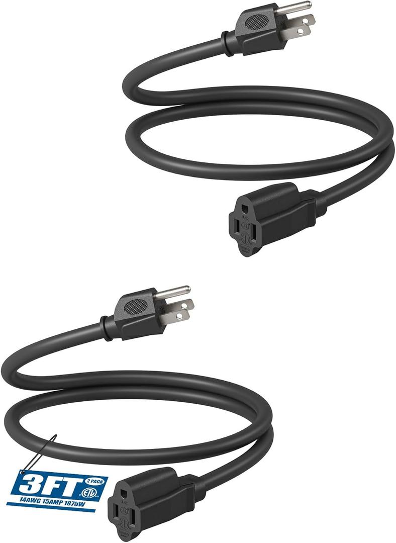 DEWENWILS Extension Cord 3ft Christmas, 14/3 SJTW Weatherproof Power Cable for Indoor Outdoor Use, 3 Prong Heavy Duty Power Cord, NEMA 5-15P to NEMA 5-15R, Black, ETL Listed, 2 Pack