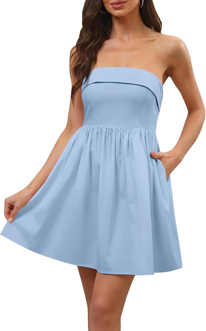 Women's Summer Strapless Mini Dress Sundress A Line High Waist Smocked Cute Tube Top Party Short Dresses with Pockets (L)
