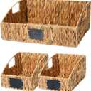 Water Hyacinth Pantry Organizer Baskets, Set of 3 Woven Wicker Storage Bins with Built-In Handles & Chalkboard Label, Natural Shelf Basket for Kitchen Cabinets, Bathroom, Laundry