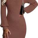 Sidefeel Womens 2025 Fall Winter Ribbed Knit Sweater Dress Casual Long Sleeve Sexy V Neck Bodycon Mini Dress (Medium, Brown)