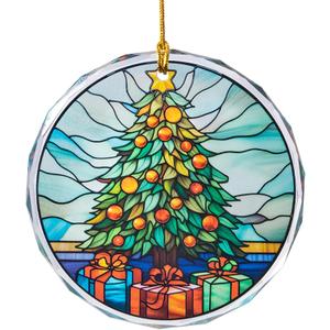 Stained Glass Styled Christmas Ornament  3 Inch Flat Round Real Glass Decoration, Double-Sided Print  Perfect for Holiday Tree, Window, or Gift