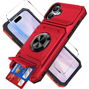for iPhone 17 Wallet Case with Card Holder + 1 Screen Protector, (2 Cards) & 360Ring Kickstand Military Grade Drop Shockproof Rugged Case for iPhone 17 6.3" 2025 (Red)