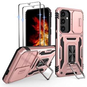 Aropuktek for Samsung Galaxy-S24-FE Case: Longer & More Stable Rotatable Kickstand, Slide Camera Cover, Heavy Duty Shockproof Phone Case with 2 PCS Screen Protector for Galaxy S24 FE Case, Rose Gold