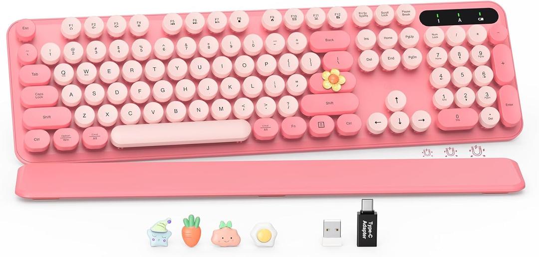 Wireless Keyboard, Round Keycaps, Retro Typewriter Keyboard with Detachable Wrist Rest, Sleep Mode, Foldable Legs, 2.4GHz Full-Size Cordless Computer Keyboard for Windows/PC/Laptop (Pale Pink Colors)