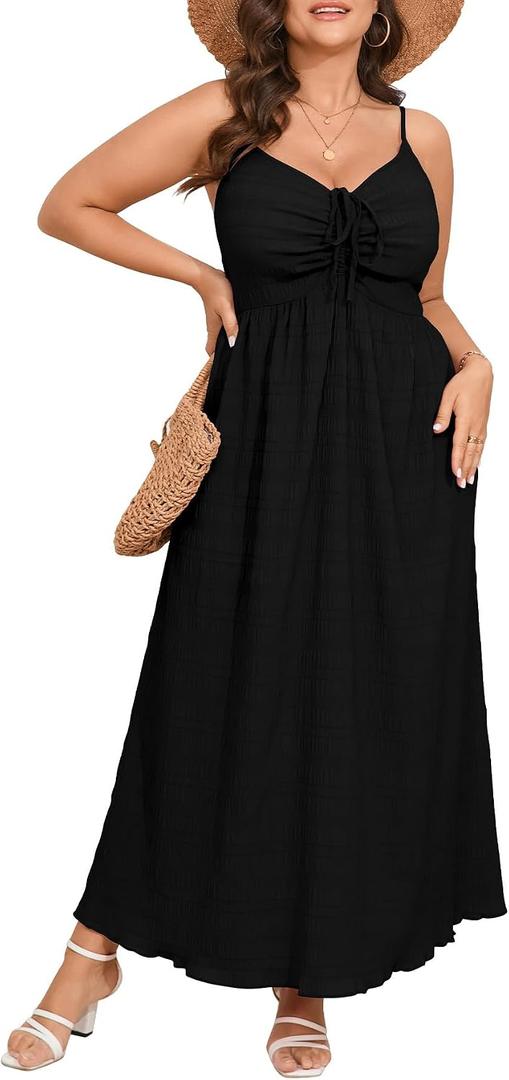 SHESTARR Women's Plus Size Summer Dress Spaghetti Strap Sleeveless Sweetheart Neck Swing A Line Maxi Long Dress (Black, XL)