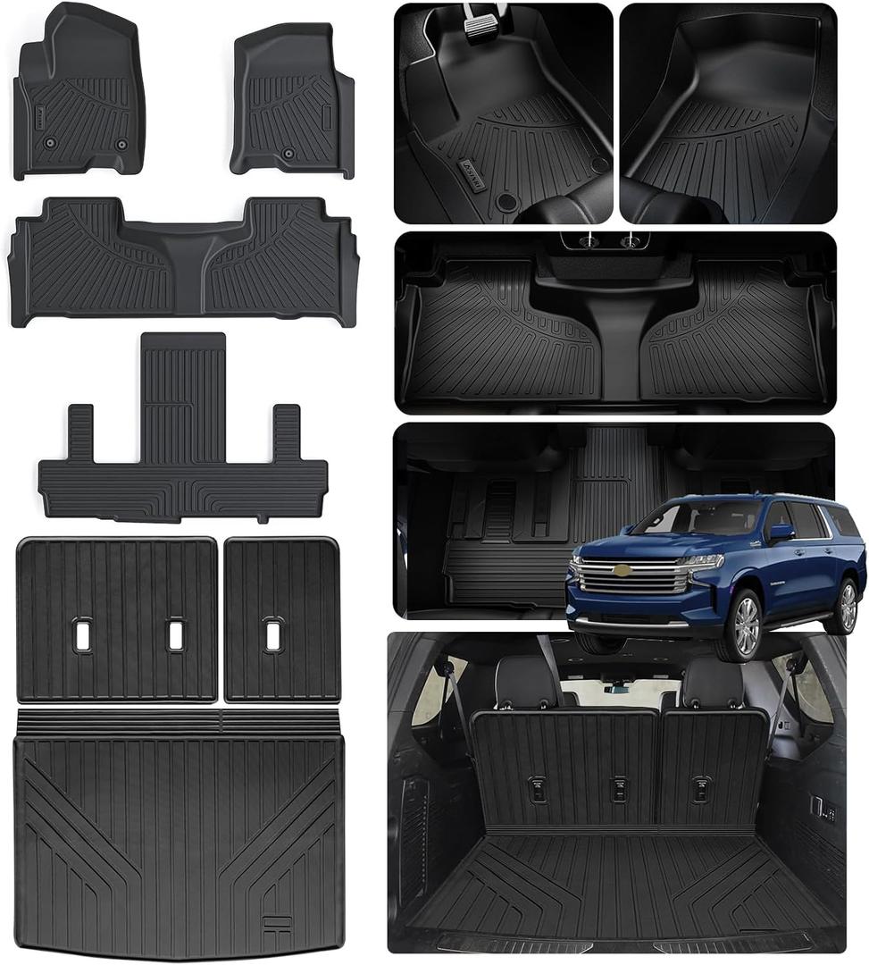 Floor Mats & Trunk Mat with Backrest Set for 2021-2024 2025 Chevrolet/Chevy Suburban 7 Seats (2 Row Bucket Seats)/GMC Yukon XL(Only XL)/Cadillac Escalade ESV, TPE Car Floor Liners with Cargo Liner