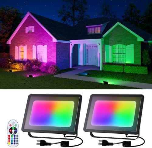 2 Pack 50W Led Flood Lights 500W Equi Color Changing with Remote Waterproof 16 Multicolor RGB Lamp Indoor or Outdoor Up Lighting for Garden Decoration, House Wall, Yard Plants, Holiday Ambiance Decor