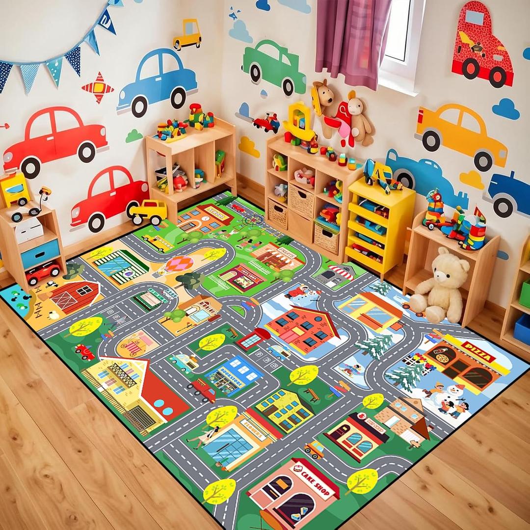 Car Rug for Kids Playroom - Road Rug for Boys Room Kids Play Mat with Road Tracks Car Play Mat, 2.5x4 Feet (Ljj-67)