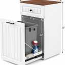 13 Gallon Pull Out Trash Can Cabinet with Drawer, Hidden Kitchen Garbage Cabinet, Freestanding Modern Farmhouse Waste Bin Furniture, White, Large