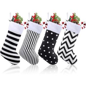 Real Spring 4 Pcs Christmas Stockings Black and White Christmas Stockings with Plush Cuff Classic Fireplace Hanging Ornament Family Holiday Party Decoration (Stripes and Dots)